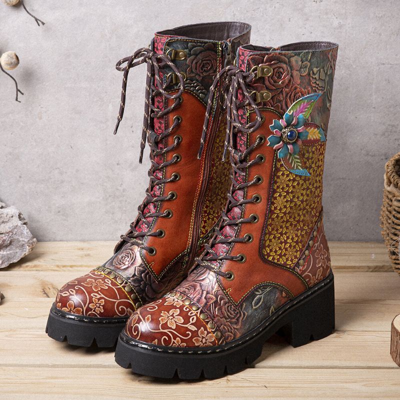 Frauen Retro Rub Color Dreidimensionale Blumen-deco-mid-tube-stiefel