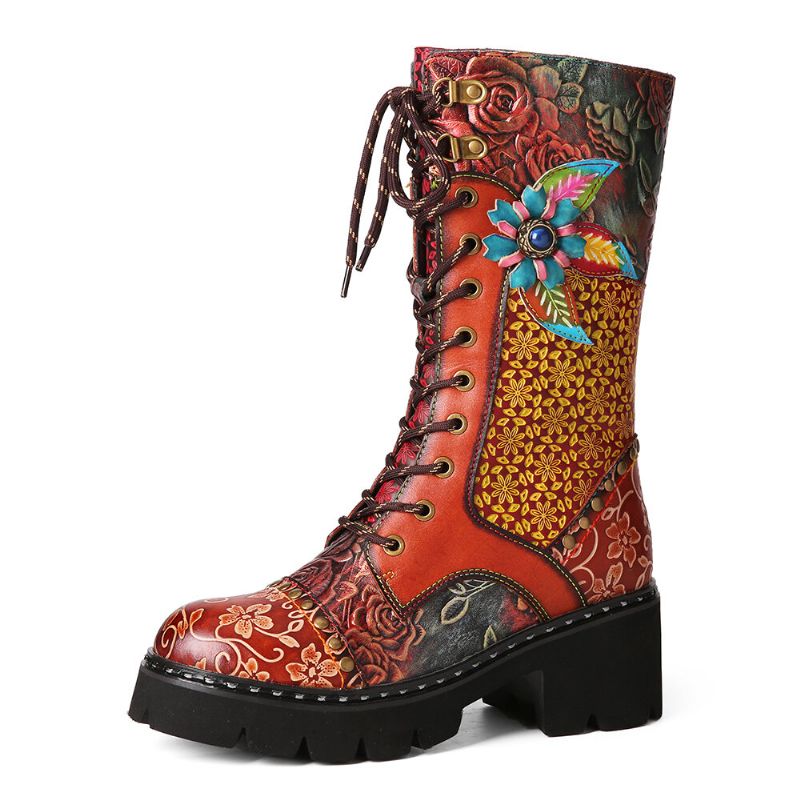 Frauen Retro Rub Color Dreidimensionale Blumen-deco-mid-tube-stiefel