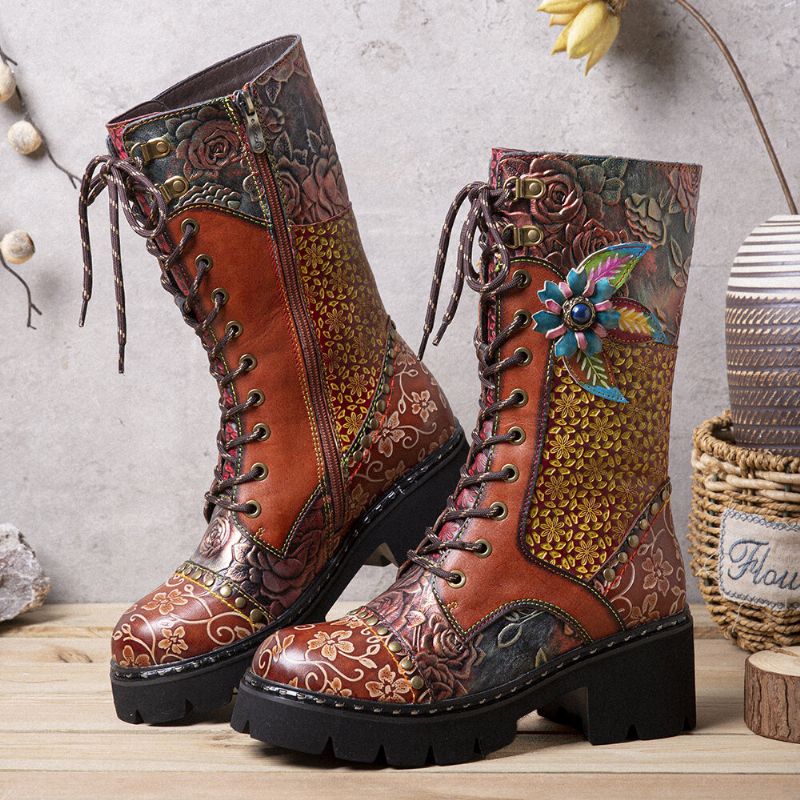 Frauen Retro Rub Color Dreidimensionale Blumen-deco-mid-tube-stiefel