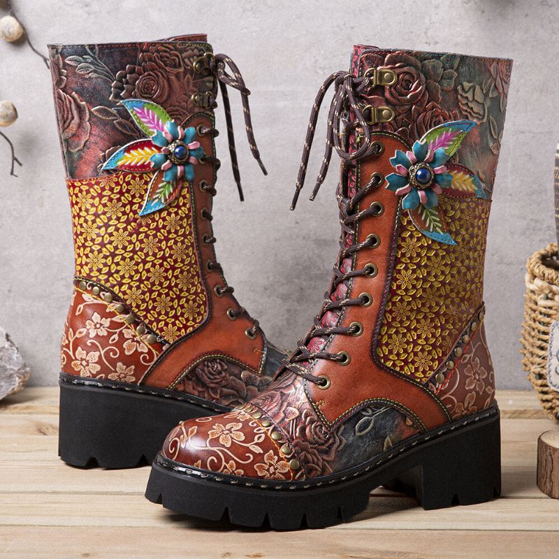 Frauen Retro Rub Color Dreidimensionale Blumen-deco-mid-tube-stiefel