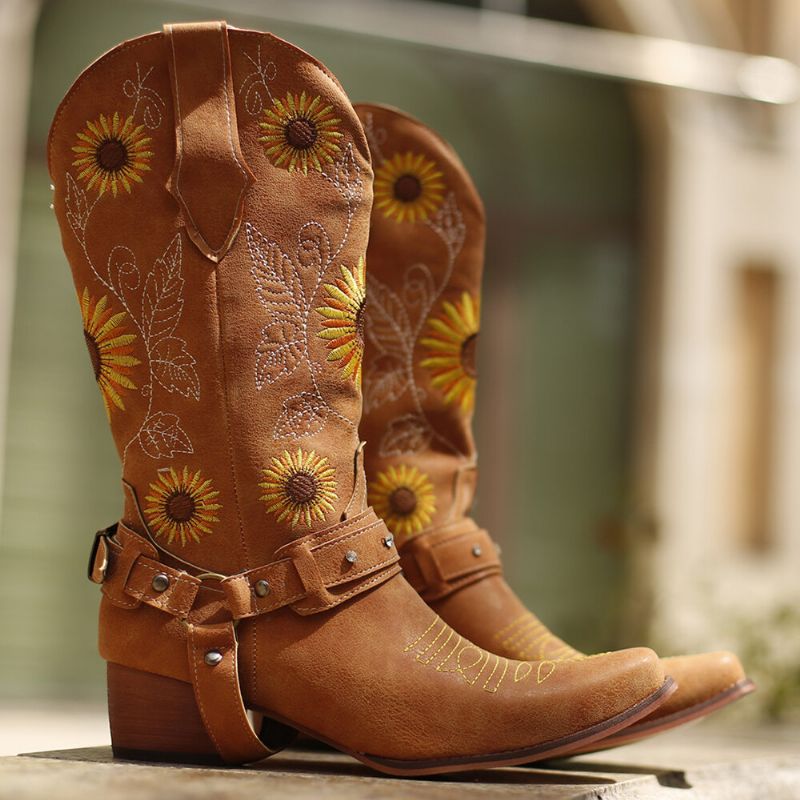 Frauen Retro-sonnenblumen-muster Spitzschuh Chunky Heel Harness Cowboy-stiefel