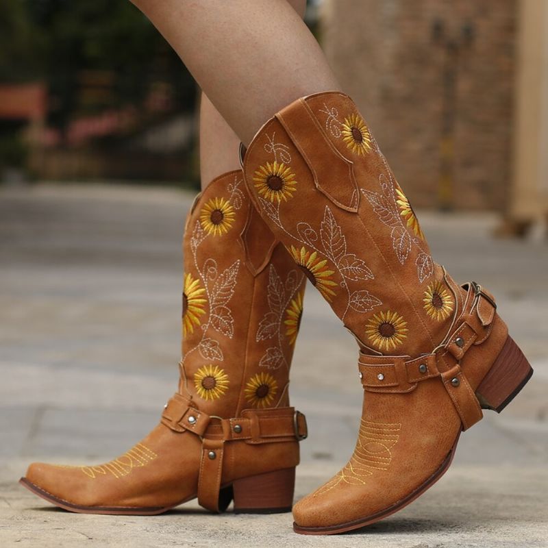 Frauen Retro-sonnenblumen-muster Spitzschuh Chunky Heel Harness Cowboy-stiefel