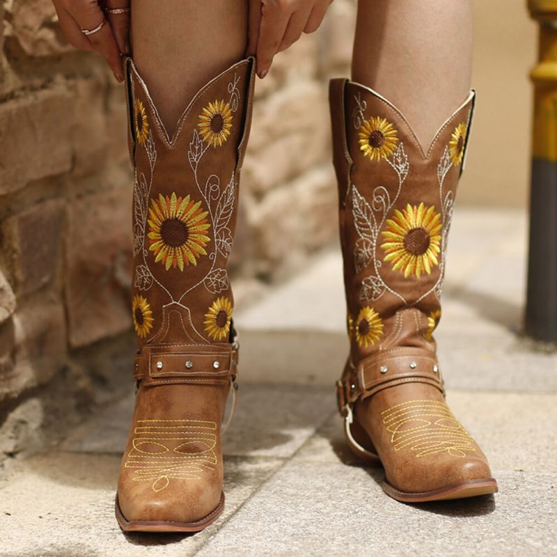 Frauen Retro-sonnenblumen-muster Spitzschuh Chunky Heel Harness Cowboy-stiefel