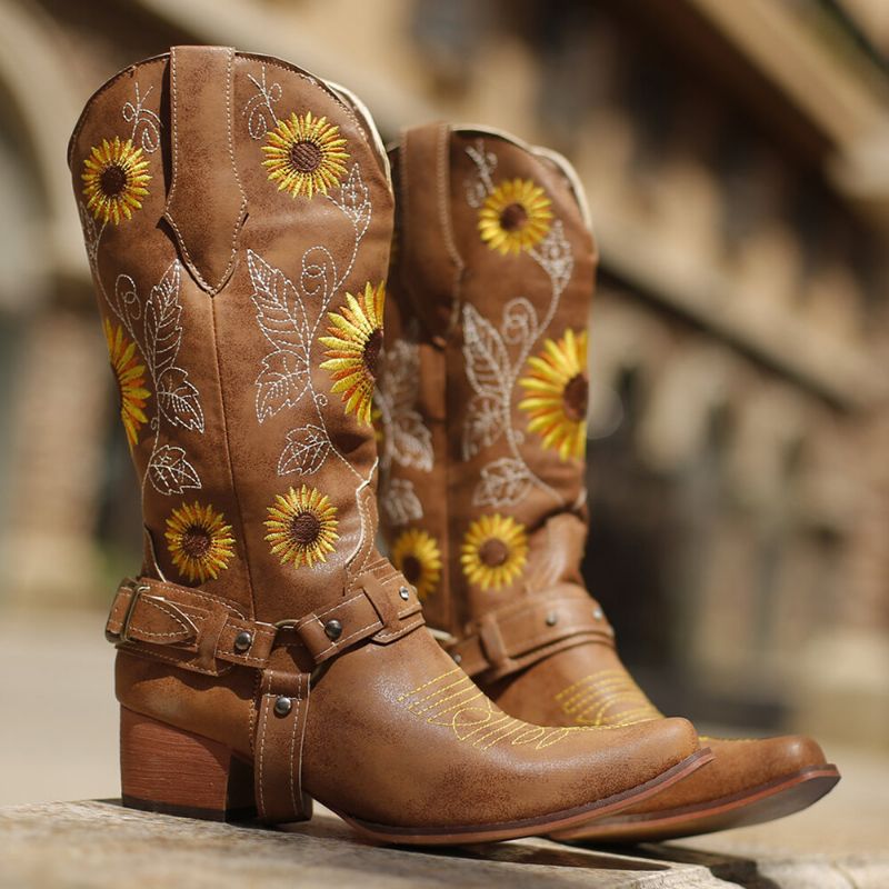 Frauen Retro-sonnenblumen-muster Spitzschuh Chunky Heel Harness Cowboy-stiefel