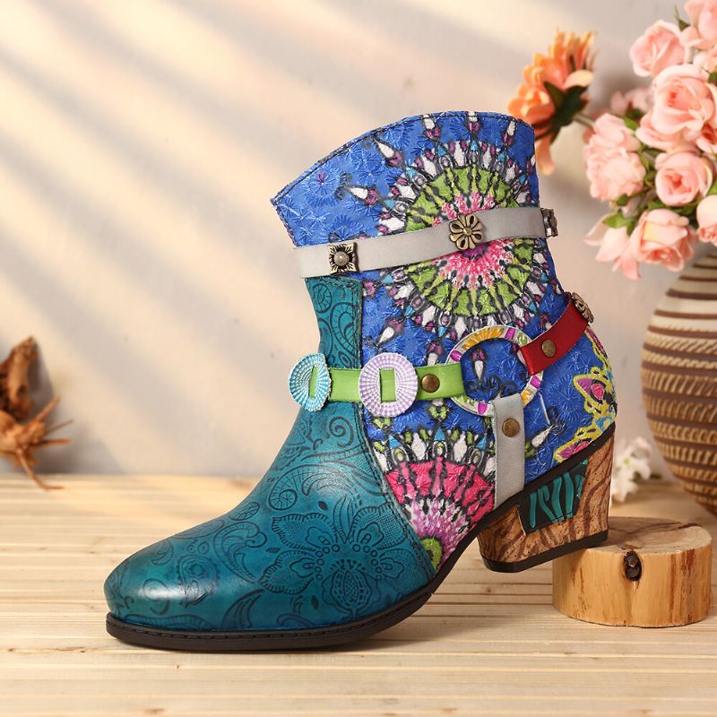 Frauen Tribal Printing Spleißen Blauer Reißverschluss Low Heel Rubber Short Boots