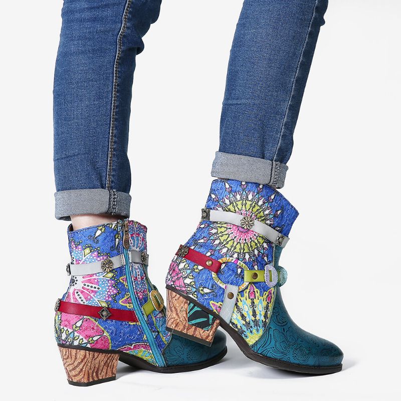 Frauen Tribal Printing Spleißen Blauer Reißverschluss Low Heel Rubber Short Boots