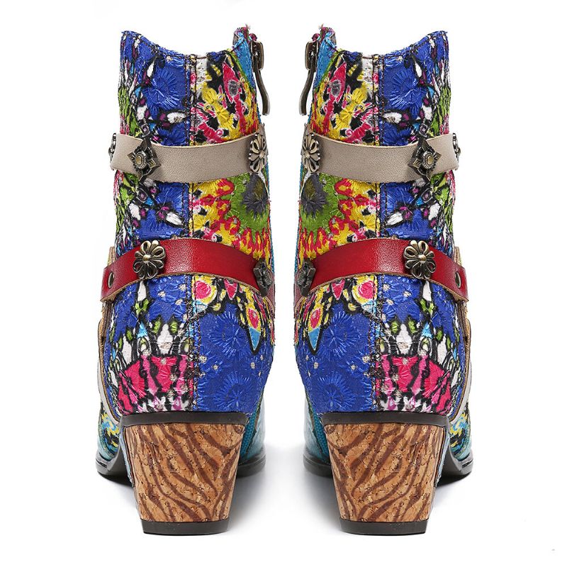 Frauen Tribal Printing Spleißen Blauer Reißverschluss Low Heel Rubber Short Boots