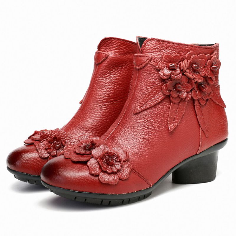 Frauen-weinlese-echtes Leder-handgemachte Blumen-niedriger Absatz-knöchel-kurzschluss-stiefel