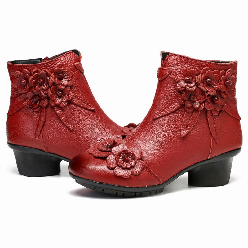 Frauen-weinlese-echtes Leder-handgemachte Blumen-niedriger Absatz-knöchel-kurzschluss-stiefel