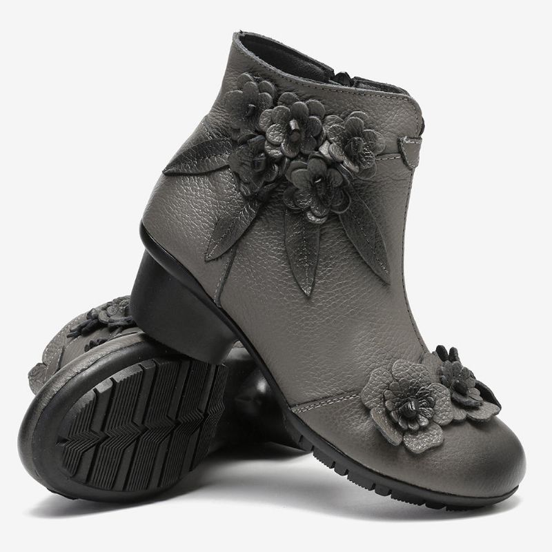 Frauen-weinlese-echtes Leder-handgemachte Blumen-niedriger Absatz-knöchel-kurzschluss-stiefel