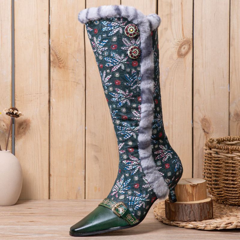 Frauen-weinlese-leder-patchwork-plüsch-spitze-blumendruck-dünne Absatz-hohe Stiefel