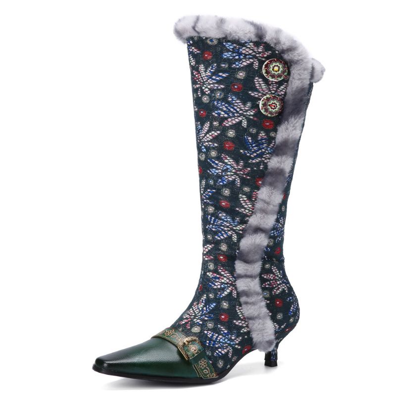 Frauen-weinlese-leder-patchwork-plüsch-spitze-blumendruck-dünne Absatz-hohe Stiefel