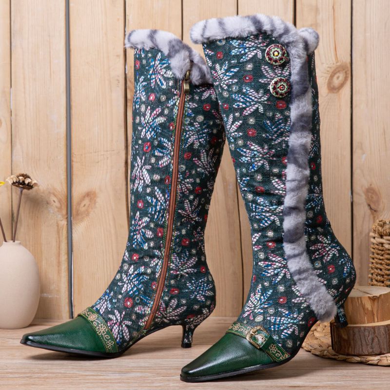 Frauen-weinlese-leder-patchwork-plüsch-spitze-blumendruck-dünne Absatz-hohe Stiefel