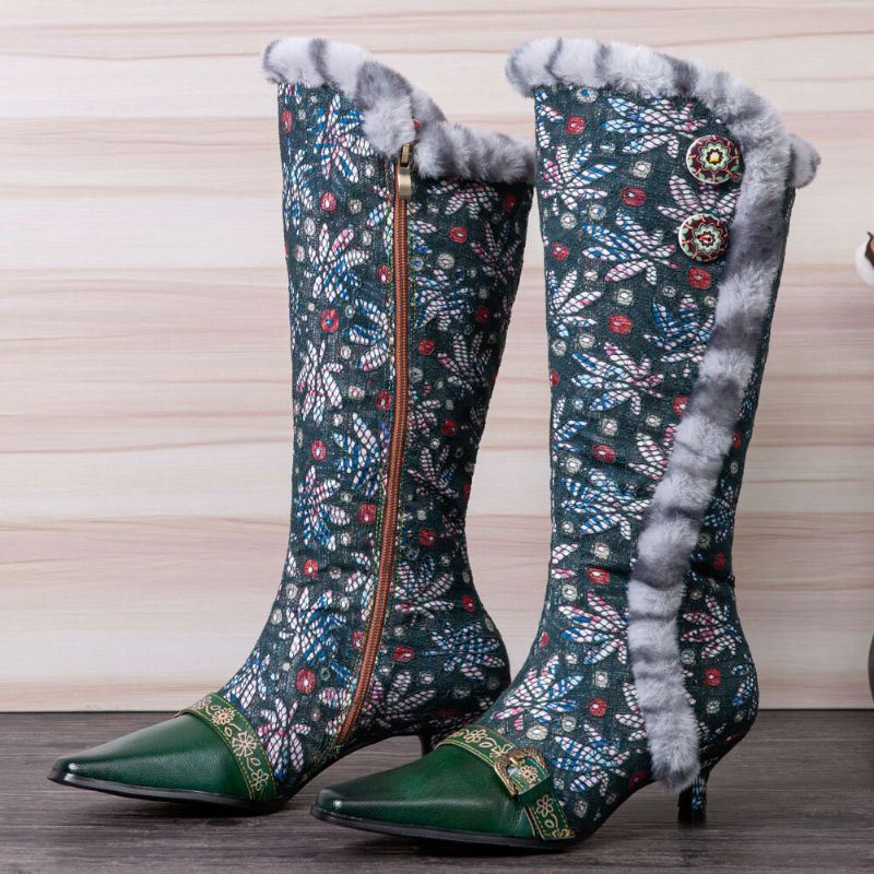 Frauen-weinlese-leder-patchwork-plüsch-spitze-blumendruck-dünne Absatz-hohe Stiefel