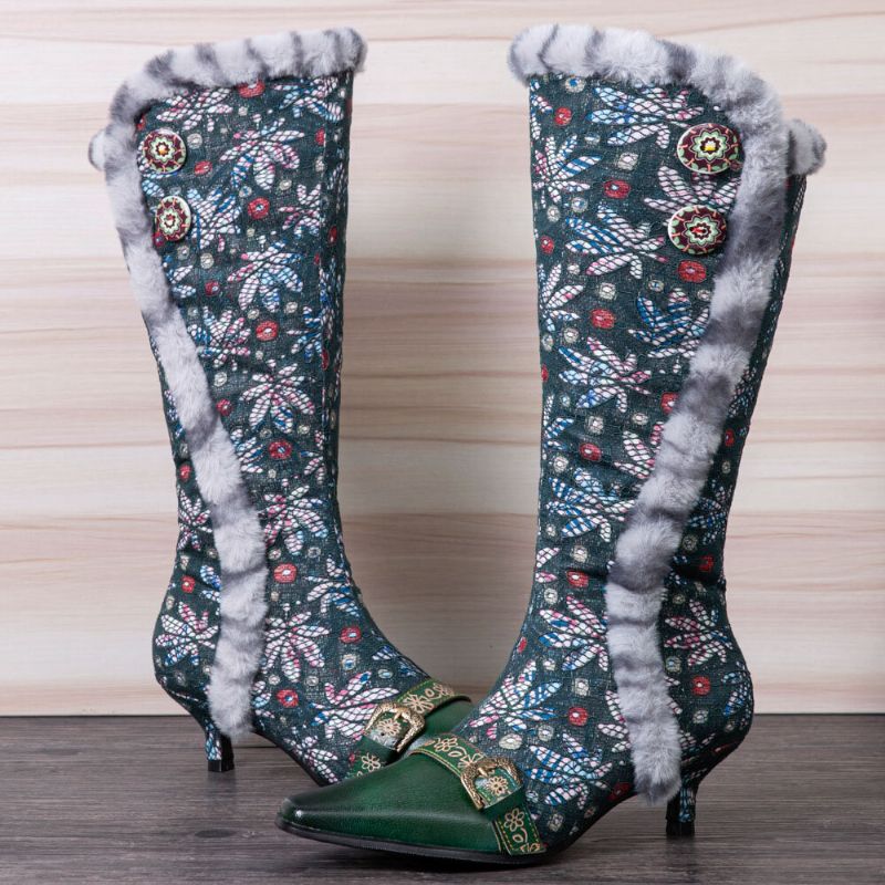 Frauen-weinlese-leder-patchwork-plüsch-spitze-blumendruck-dünne Absatz-hohe Stiefel