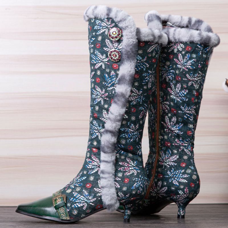 Frauen-weinlese-leder-patchwork-plüsch-spitze-blumendruck-dünne Absatz-hohe Stiefel