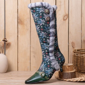 Frauen-weinlese-leder-patchwork-plüsch-spitze-blumendruck-dünne Absatz-hohe Stiefel