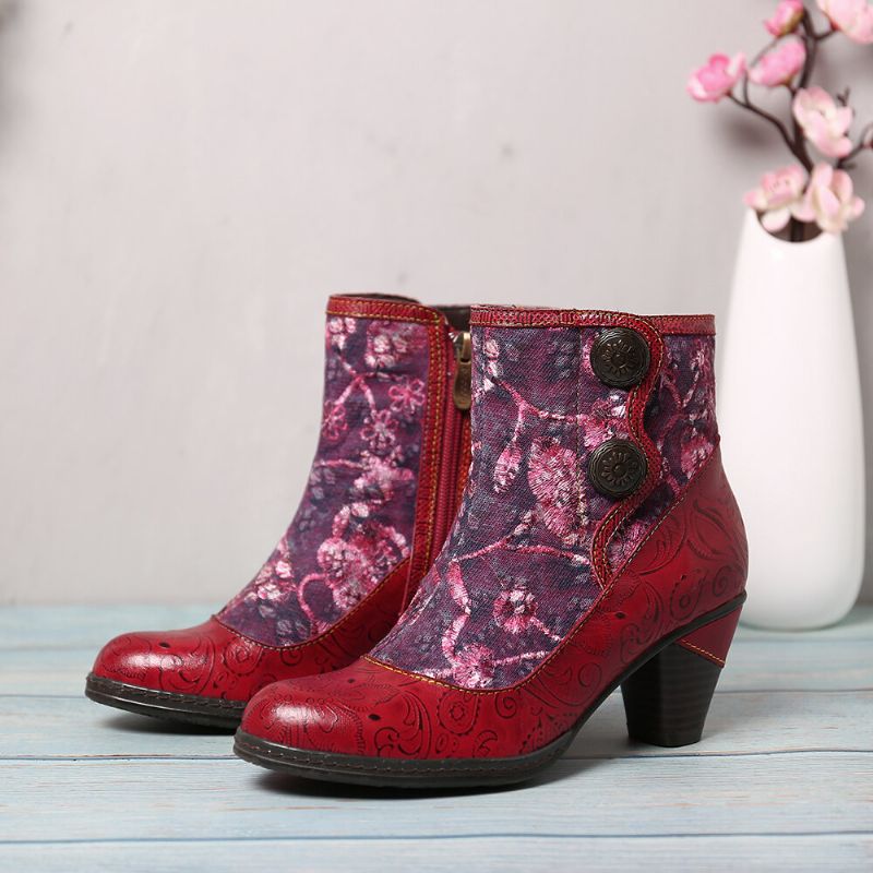 Geprägte Echtleder Splicing Folkways Blumen High Heel Zipper Boots