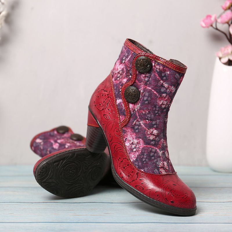 Geprägte Echtleder Splicing Folkways Blumen High Heel Zipper Boots