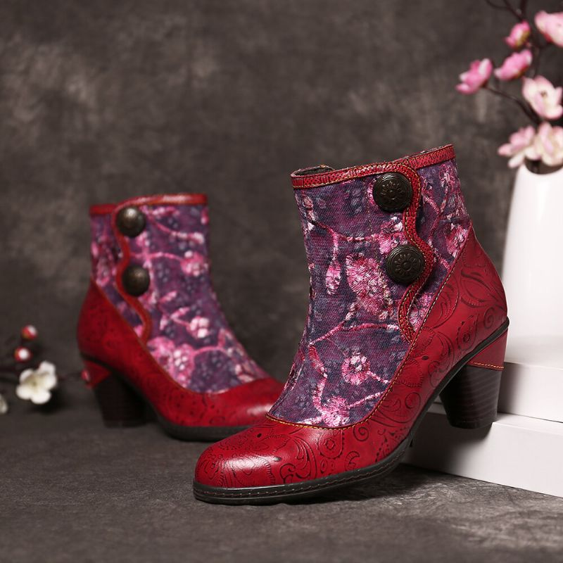 Geprägte Echtleder Splicing Folkways Blumen High Heel Zipper Boots