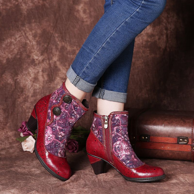 Geprägte Echtleder Splicing Folkways Blumen High Heel Zipper Boots