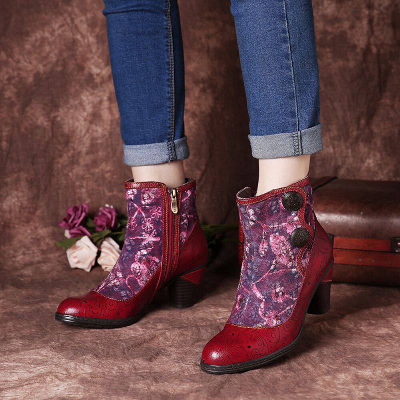 Geprägte Echtleder Splicing Folkways Blumen High Heel Zipper Boots