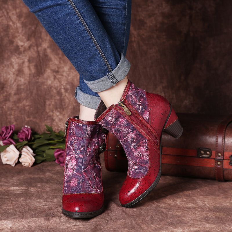 Geprägte Echtleder Splicing Folkways Blumen High Heel Zipper Boots