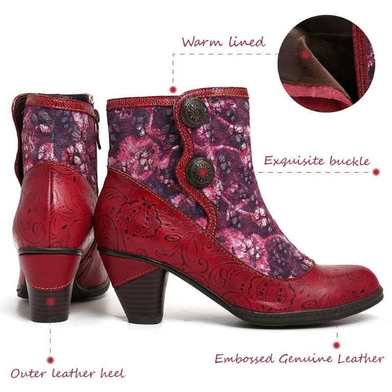 Geprägte Echtleder Splicing Folkways Blumen High Heel Zipper Boots