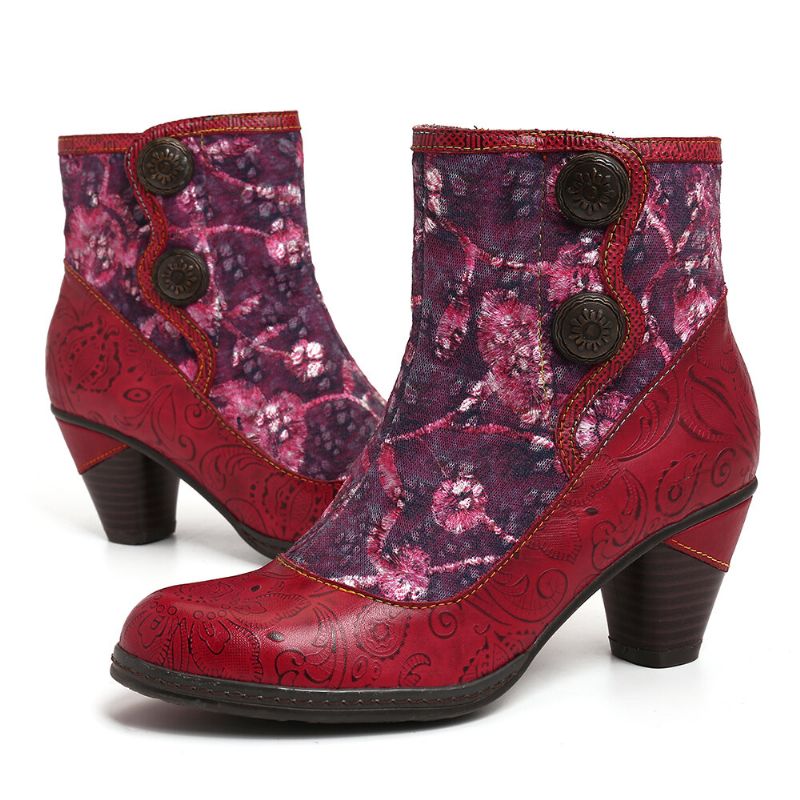 Geprägte Echtleder Splicing Folkways Blumen High Heel Zipper Boots