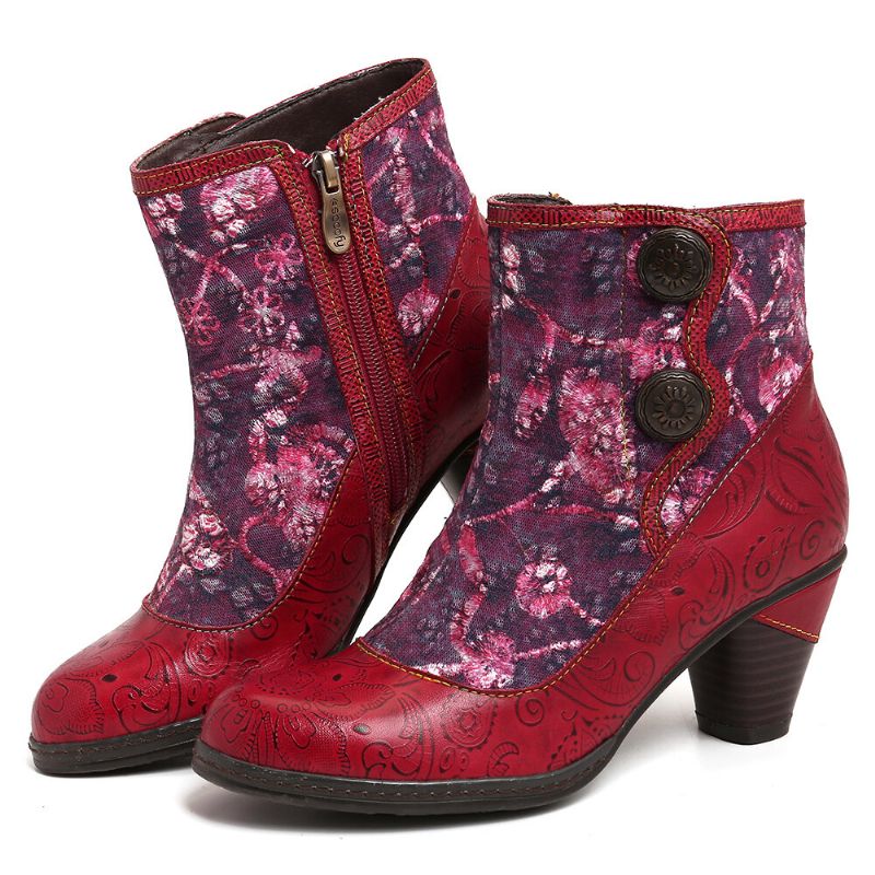 Geprägte Echtleder Splicing Folkways Blumen High Heel Zipper Boots