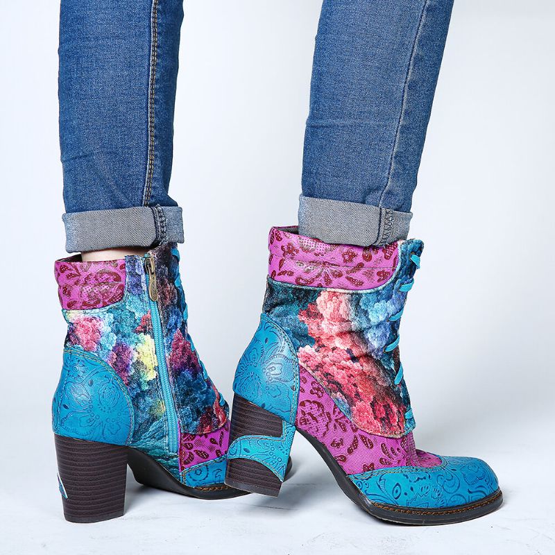 Geprägtes Echtes Leder Buntes Wolkenmuster Fashion High Heel Schnürstiefel