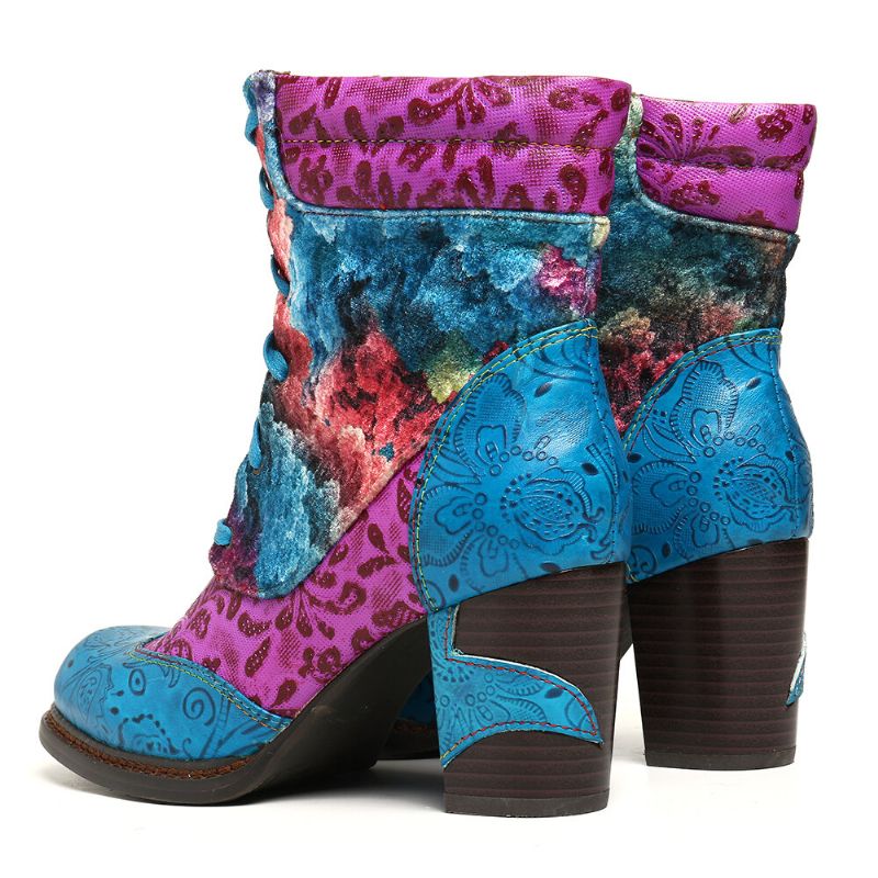 Geprägtes Echtes Leder Buntes Wolkenmuster Fashion High Heel Schnürstiefel