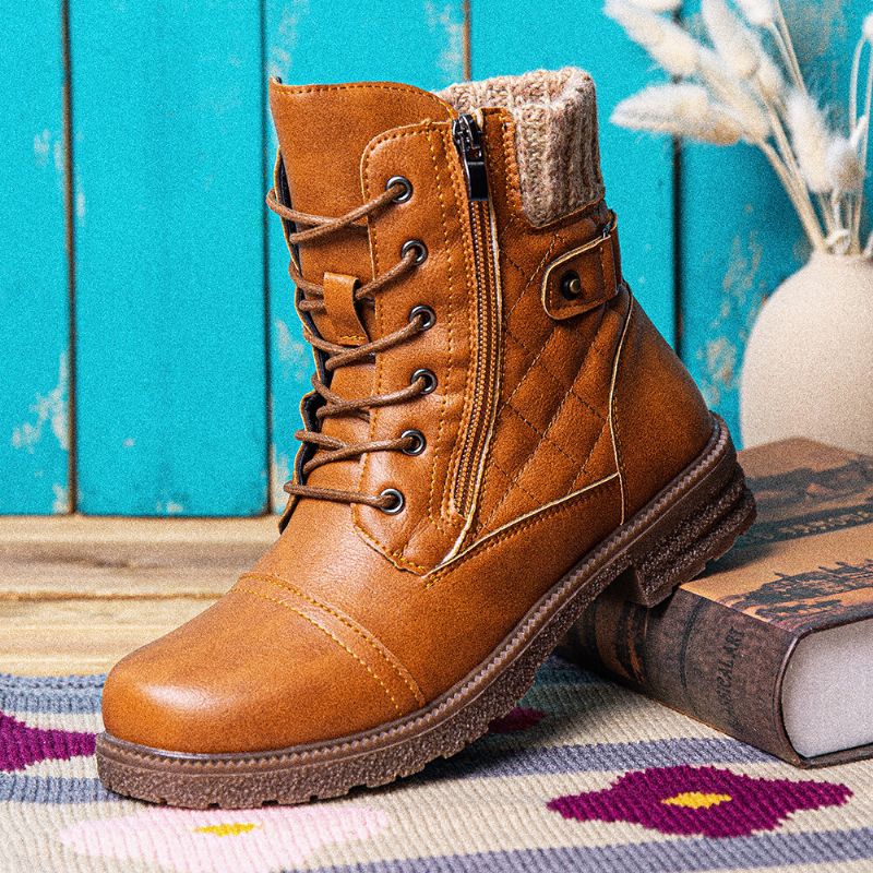 Große Damen-casual Soft Comfy Warm Gefütterte Patchwork-kampfstiefel Aus Wolle Mit Seitlichem Reißverschluss