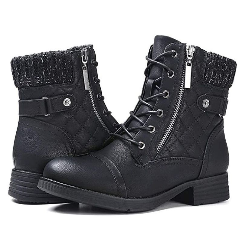 Große Damen-casual Soft Comfy Warm Gefütterte Patchwork-kampfstiefel Aus Wolle Mit Seitlichem Reißverschluss