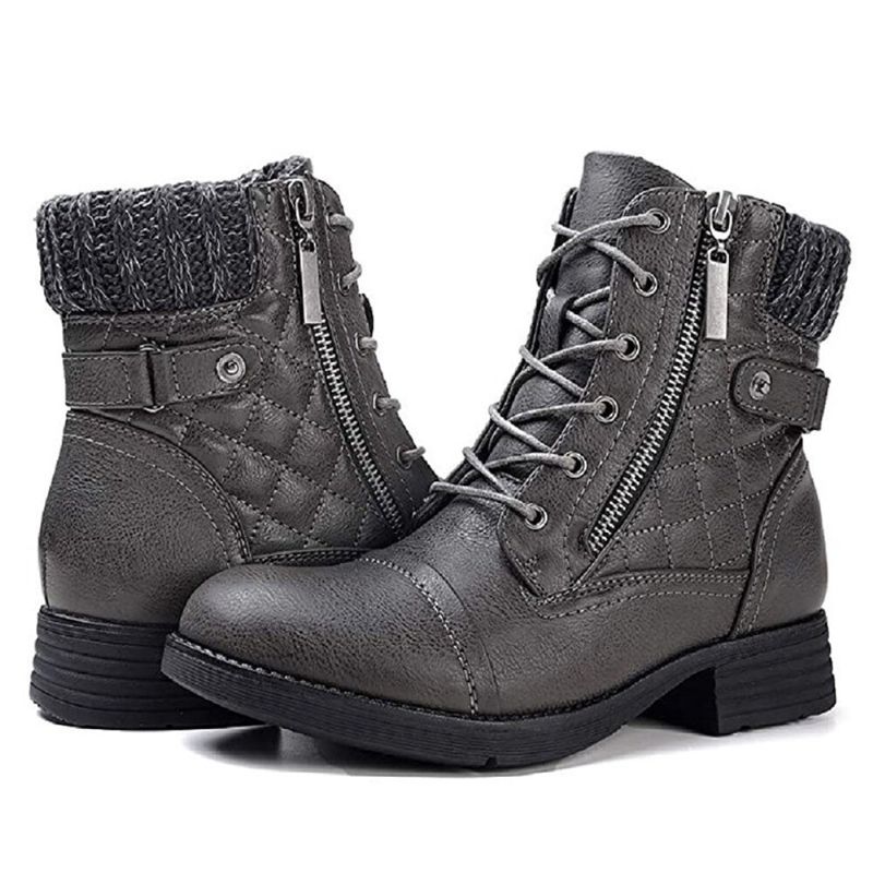 Große Damen-casual Soft Comfy Warm Gefütterte Patchwork-kampfstiefel Aus Wolle Mit Seitlichem Reißverschluss