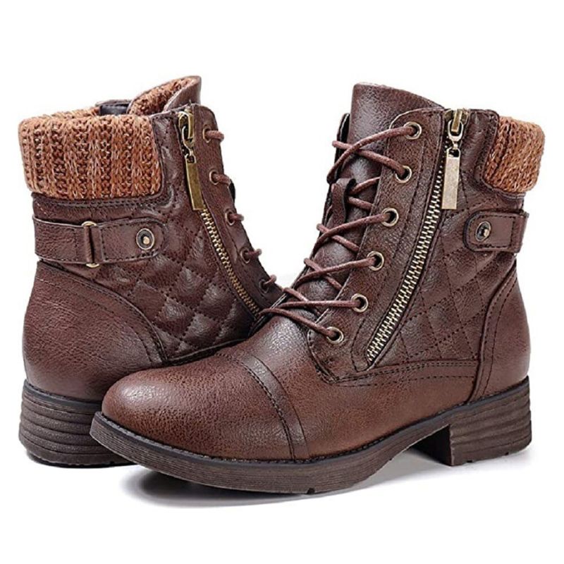 Große Damen-casual Soft Comfy Warm Gefütterte Patchwork-kampfstiefel Aus Wolle Mit Seitlichem Reißverschluss