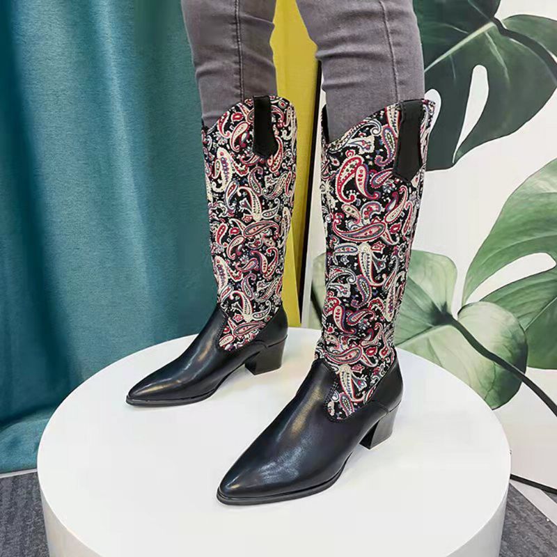 Große Damen-cowboystiefel Mit Ethnischem Paisley-muster Und Reißverschluss Mit Spitzer Zehenpartie Und Klobigem Absatz