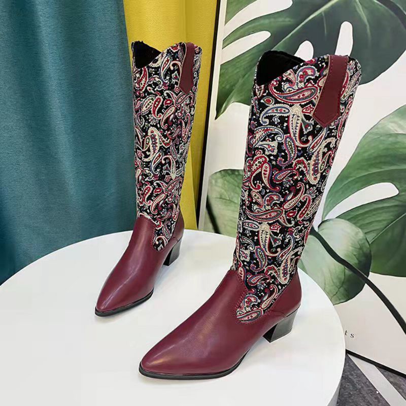 Große Damen-cowboystiefel Mit Ethnischem Paisley-muster Und Reißverschluss Mit Spitzer Zehenpartie Und Klobigem Absatz