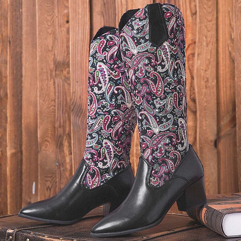 Große Damen-cowboystiefel Mit Ethnischem Paisley-muster Und Reißverschluss Mit Spitzer Zehenpartie Und Klobigem Absatz