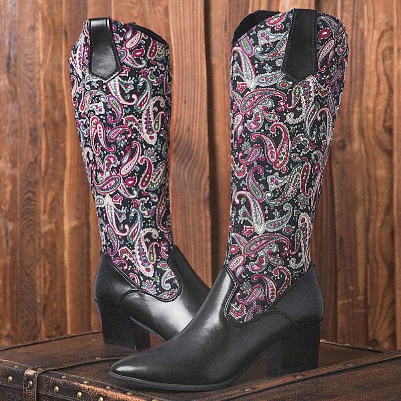 Große Damen-cowboystiefel Mit Ethnischem Paisley-muster Und Reißverschluss Mit Spitzer Zehenpartie Und Klobigem Absatz