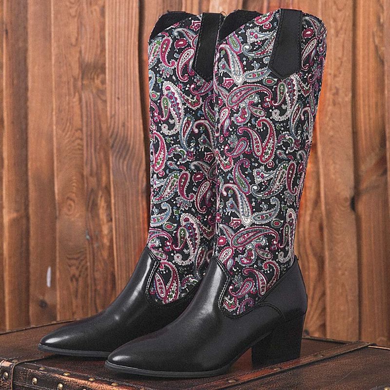 Große Damen-cowboystiefel Mit Ethnischem Paisley-muster Und Reißverschluss Mit Spitzer Zehenpartie Und Klobigem Absatz