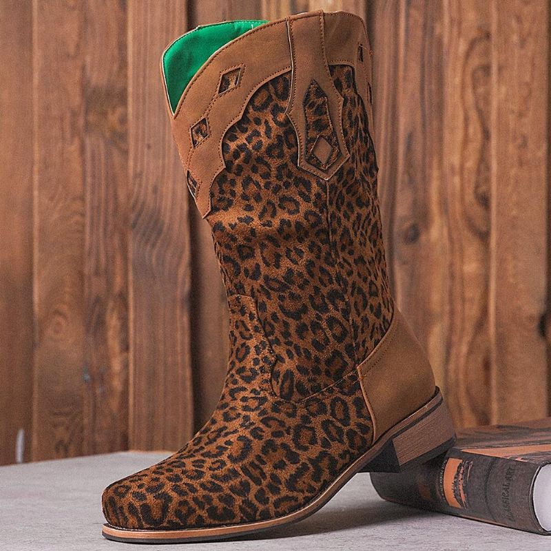 Große Damen Retro Ethnic Comfy Square Toe Leopard Cowboystiefel