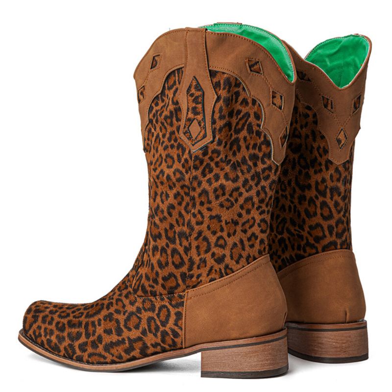 Große Damen Retro Ethnic Comfy Square Toe Leopard Cowboystiefel