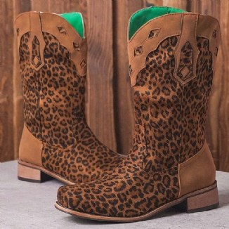 Große Damen Retro Ethnic Comfy Square Toe Leopard Cowboystiefel