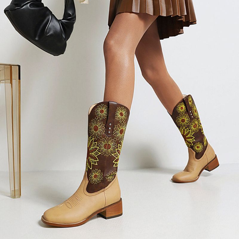 Große Damen-retro-ethno-blumenstickerei Bequeme Karree-zehen-klobige Fersen-cowboystiefel