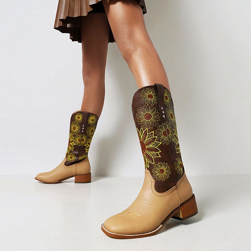 Große Damen-retro-ethno-blumenstickerei Bequeme Karree-zehen-klobige Fersen-cowboystiefel