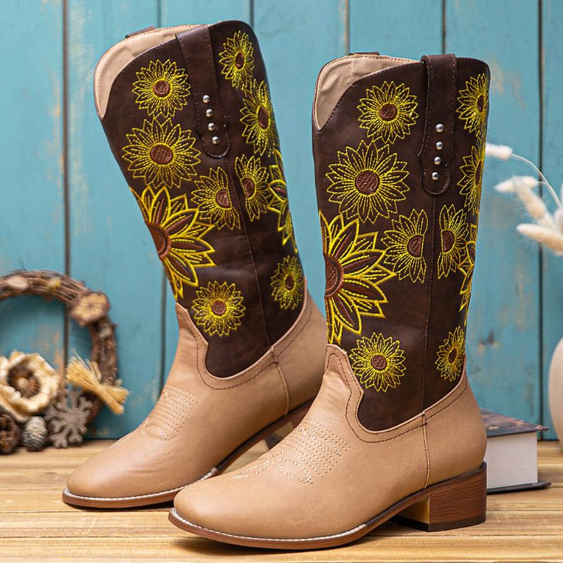 Große Damen-retro-ethno-blumenstickerei Bequeme Karree-zehen-klobige Fersen-cowboystiefel