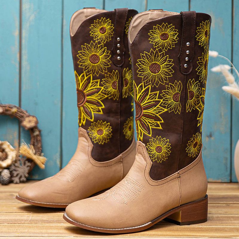 Große Damen-retro-ethno-blumenstickerei Bequeme Karree-zehen-klobige Fersen-cowboystiefel