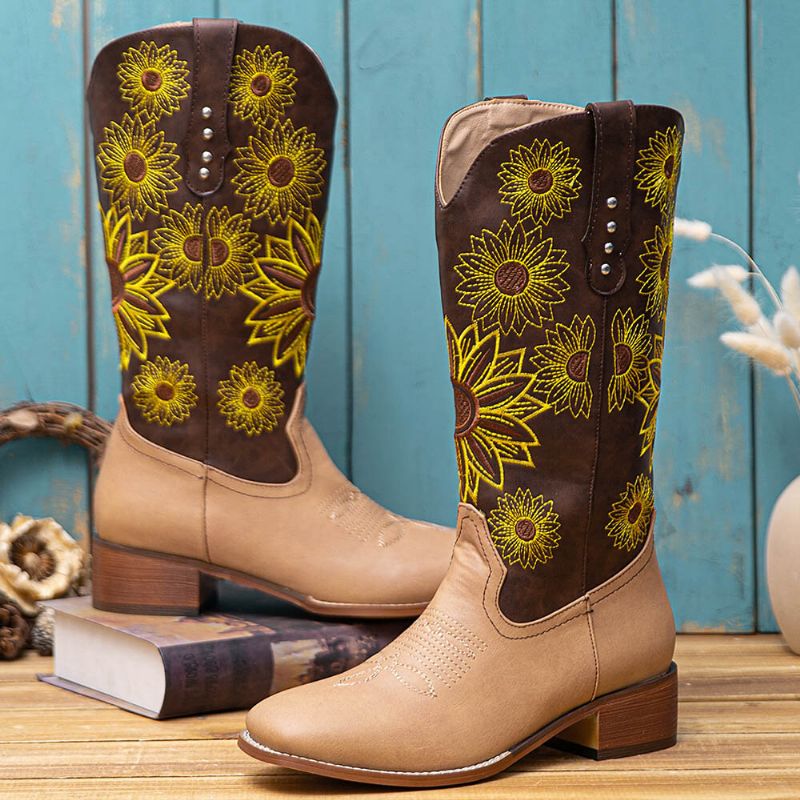 Große Damen-retro-ethno-blumenstickerei Bequeme Karree-zehen-klobige Fersen-cowboystiefel