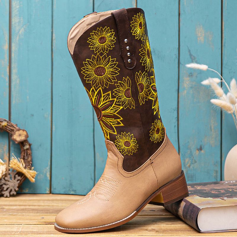 Große Damen-retro-ethno-blumenstickerei Bequeme Karree-zehen-klobige Fersen-cowboystiefel